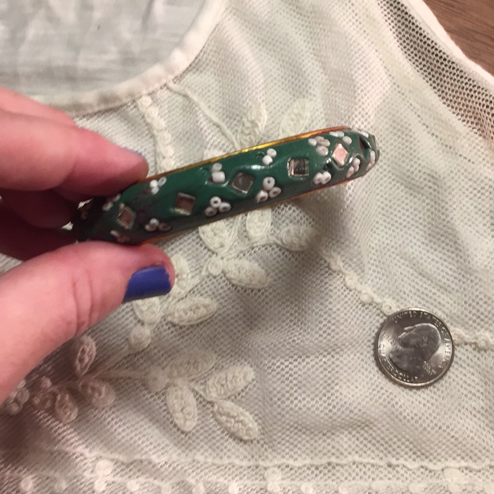 Green Beaded Mirror Boho Bangle Bracelet